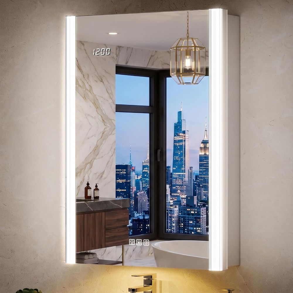 Smart Home Room - กระจกตู้ยาแบบมีไฟขนาด 20x32 นิ้ว พร้อมไฟและโคมไฟกลางคืนอัจฉริยะ - กระจกตู้ยาแบบติดผนังหรือแบบฝังผนังพร้อมปลั๊กไฟและนาฬิกา