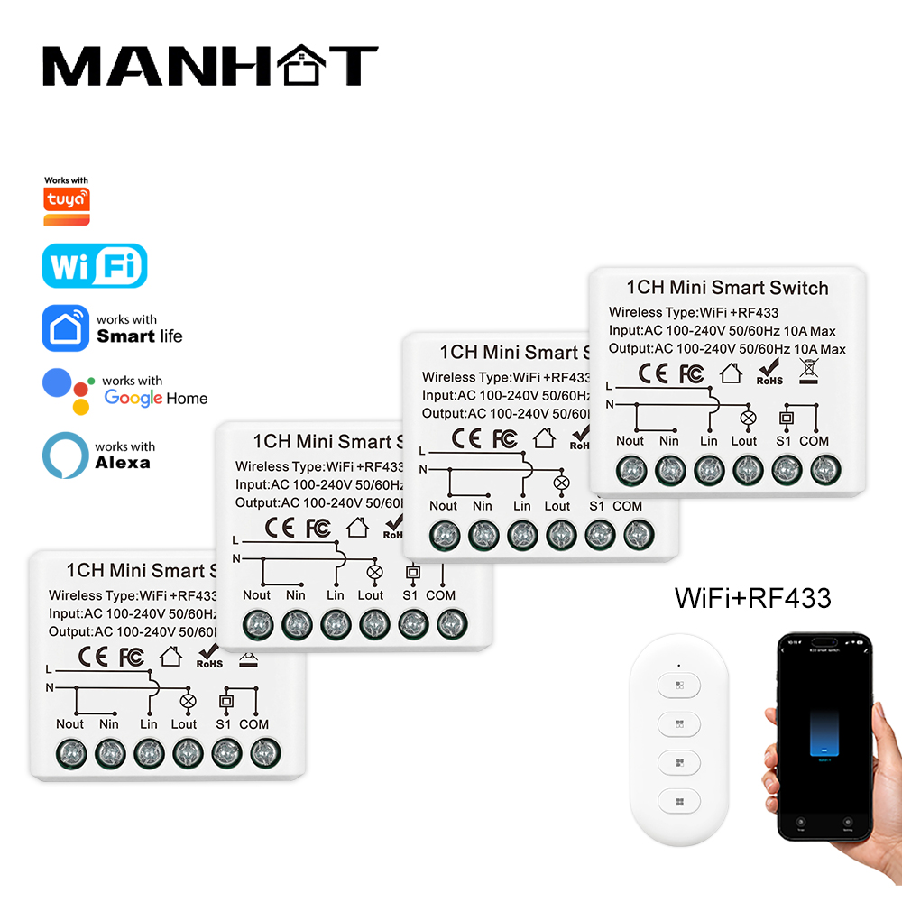 Smart Home Simple - 10A มินิ WIFI สมาร์ทสวิตช์ RF433Mhz รีโมทคอนโทรลไร้สายรีเลย์ไฟเบรกเกอร์ควบคุมด้วยเสียงระบบอัตโนมัติในบ้านทำงานทูย่า